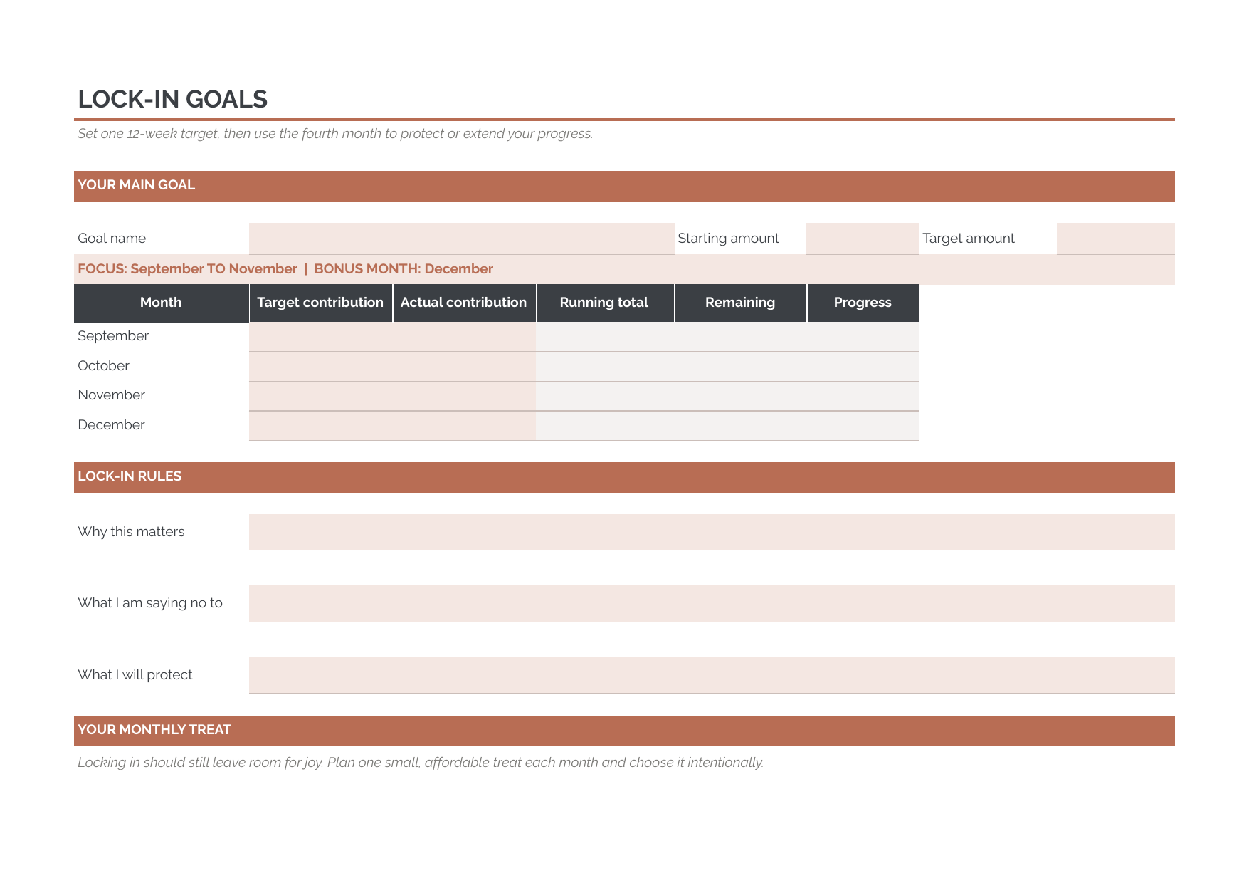 The Money Lock-In goals sheet