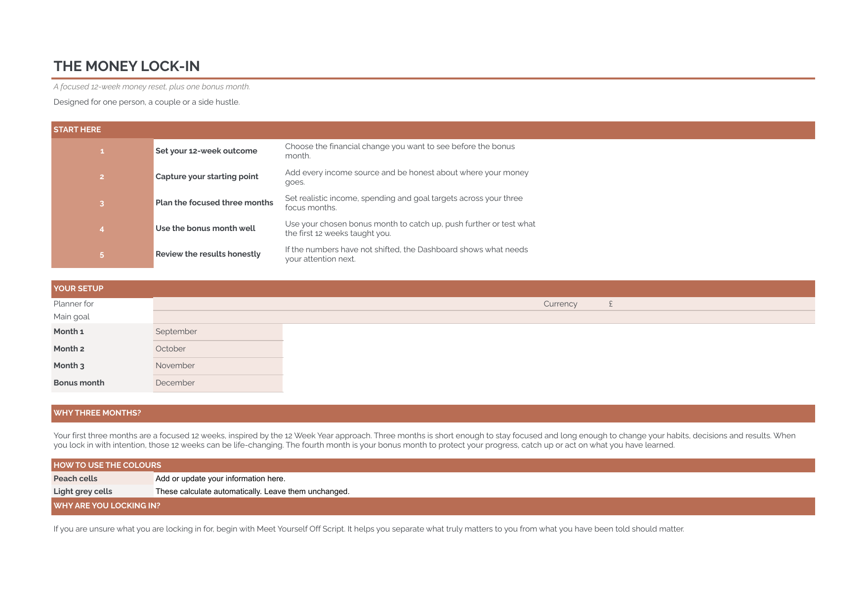 The Money Lock-In Start Here sheet with month selectors